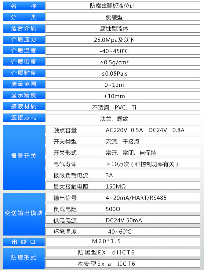 防霜磁浮子液位計技術參數表