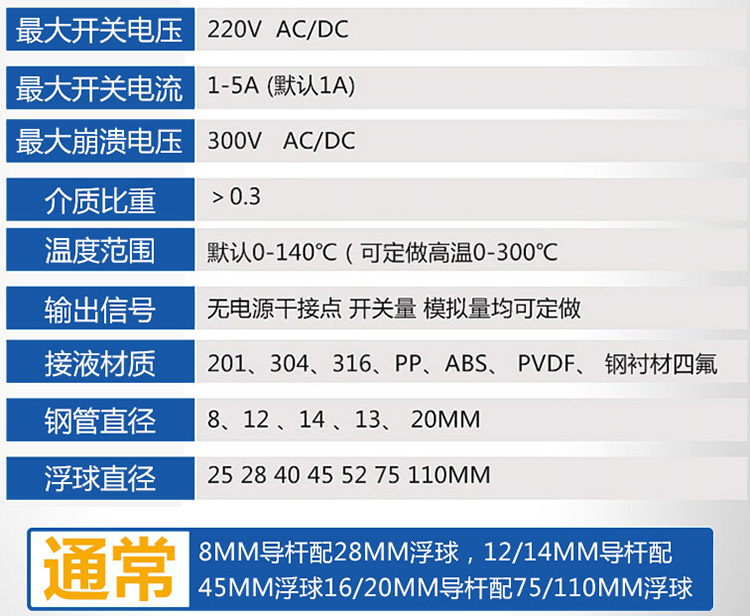 高液位浮球液位計技術參數對照表